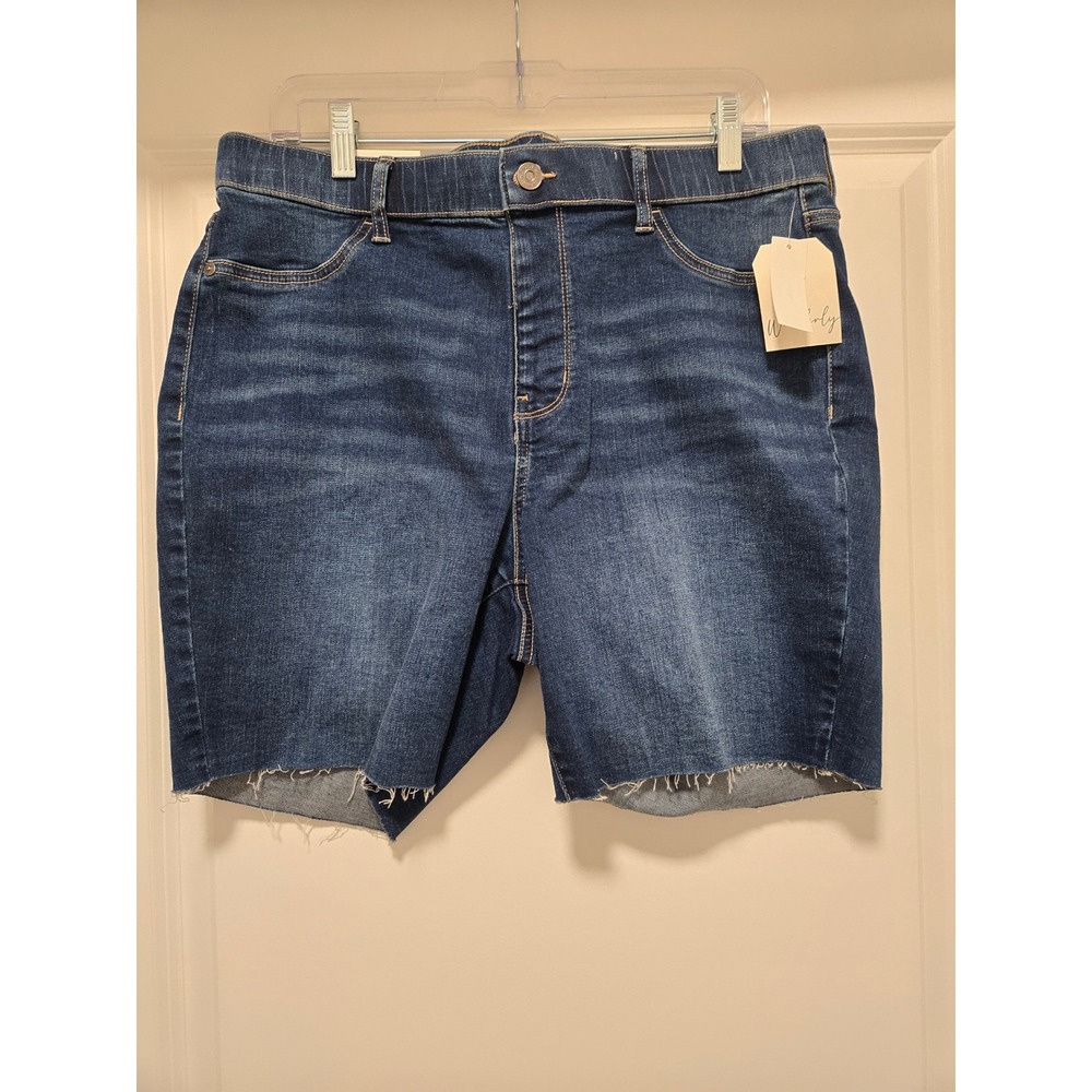 Wonderly High Rise Pull On Denim Shorts 14W Dark Wash Raw Hem Plus Size NEW